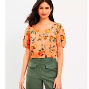 LOFT Harvest Crop Top Oranges Fruit Print Criss Cross Back Bubble Sleeve Size S